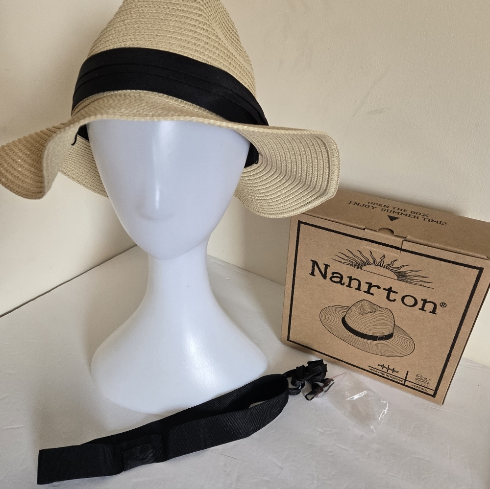Nanrton StrawHat with Black Band One Size 2 Changable Bans Tie String PACKABLE